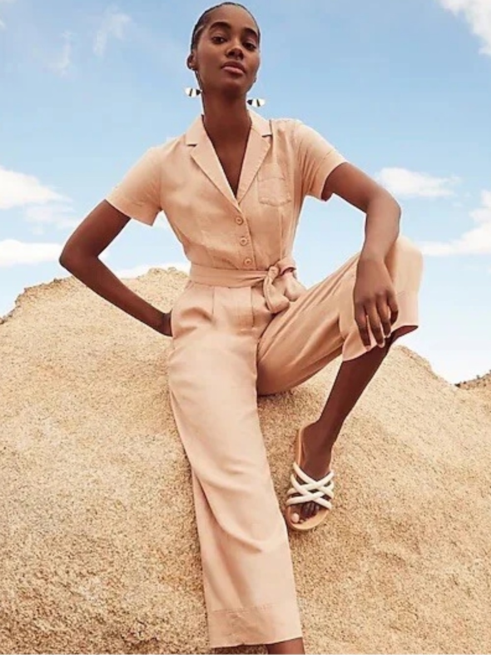 J. Crew Peach Short-Sleeve Tie-Waist linen blush pink lightweight Jumpsuit